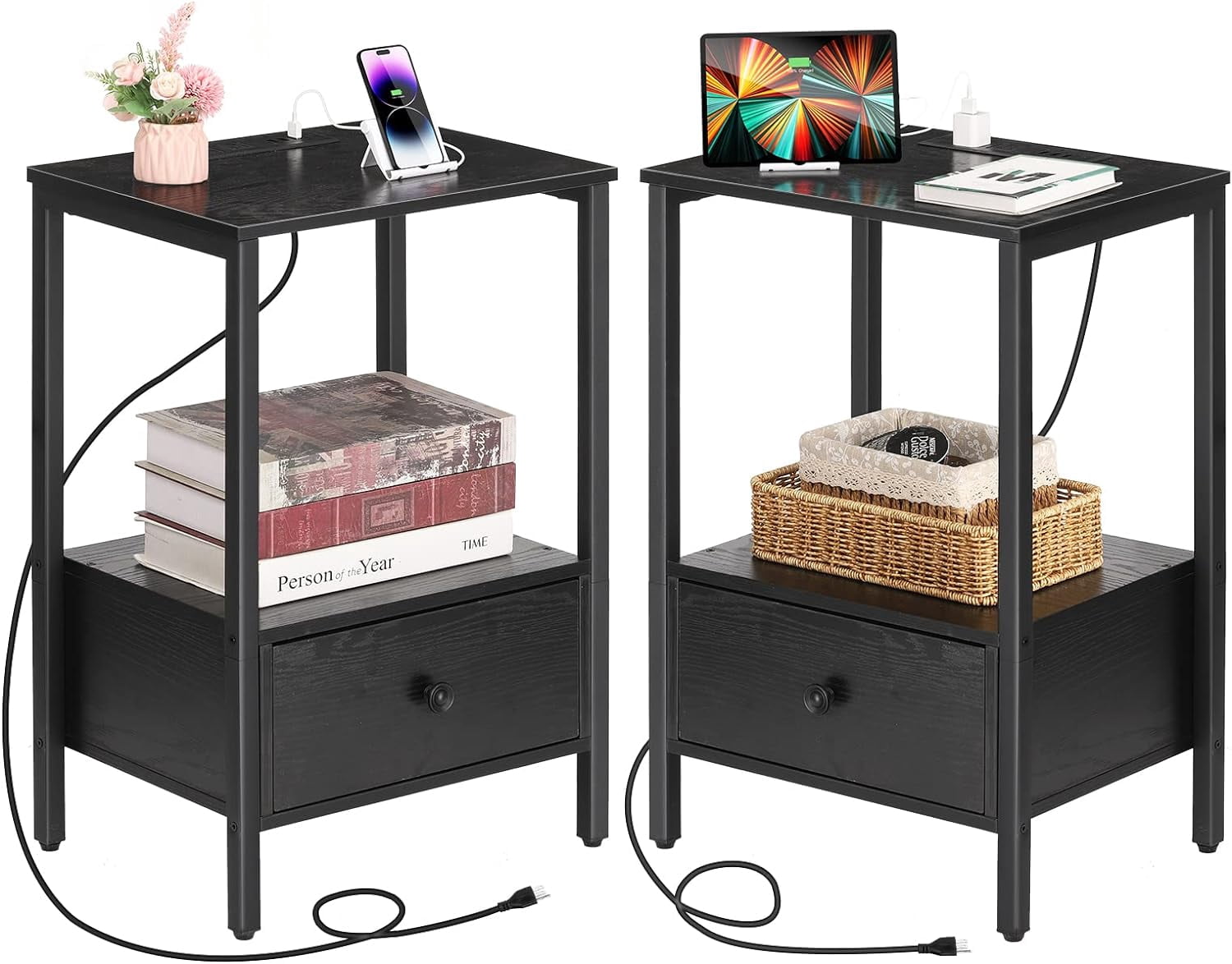 Nightstand Bottom Wood Drawer with Chargers Black ,Set of 2
