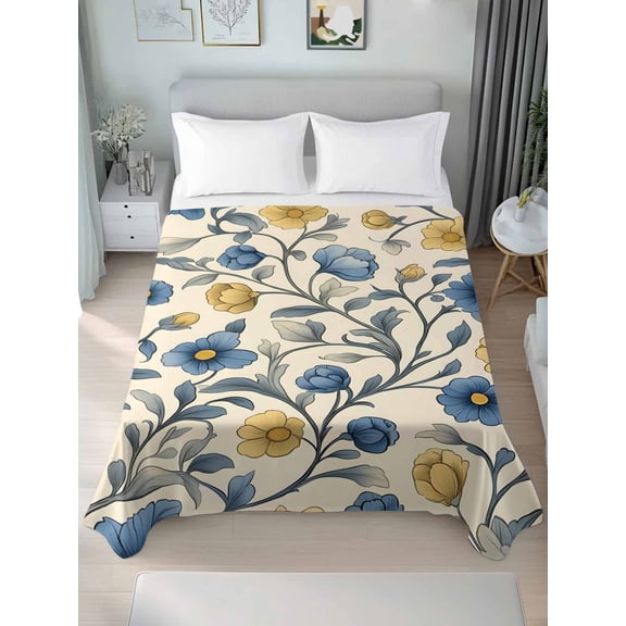 Vintage Blue Yellow Full Size Flat Sheet, Wrinkleproof & Fadeproof Cooling Flat Bed Sheet Only, Spring Enchanted Garden Florals Breathable Soft Bedding Top Sheets 81 x 96 Inches