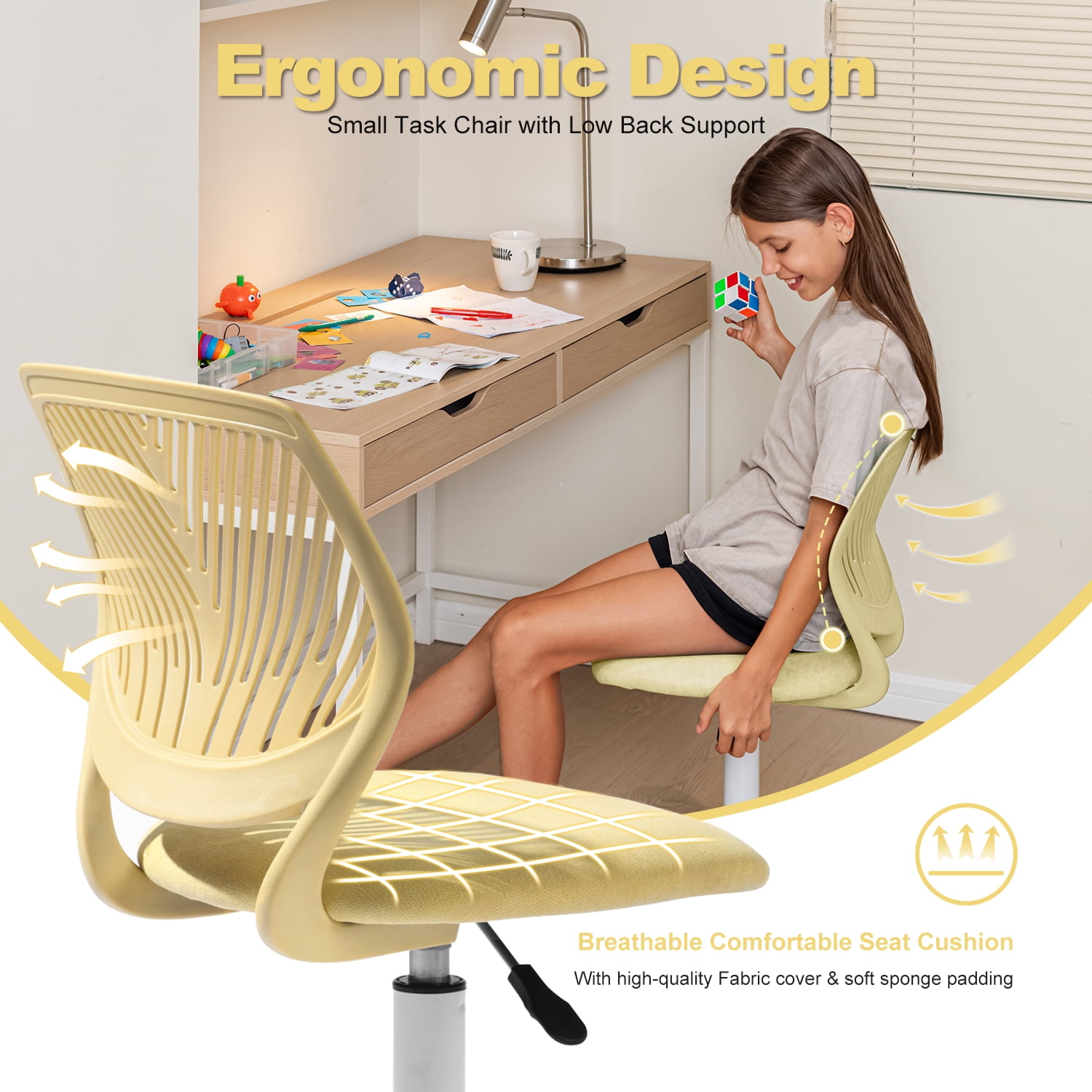 Homy Casa Adjustable Kids Desk Chair, Ergonomic Student Chair for Study, School or Bedroom, Yellow