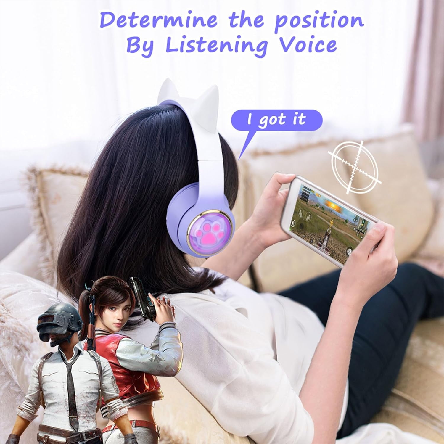 QearFun Kids Wireless Headphones,Cat Ear Headphones with LED Lights for Kids/Boys/Girls/Toddler Aged 3 up, 2 in 1 Childrens Bluetooth/Wired Headphones Foldable with Mic for Phone/Tablet/Laptop,Purple