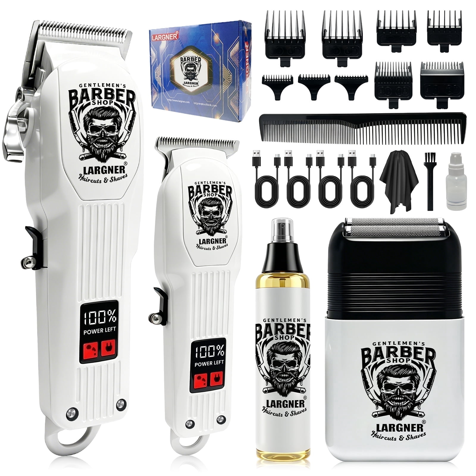 LARGNER Professional Hair Clippers for Men, 4-in-1 Cordless Barber Clipper & Trimmer Set, White Mens Grooming Kit with Foil Shaver & Nose Trimmer, LED Display, Haircut Tools, Gifts for Him