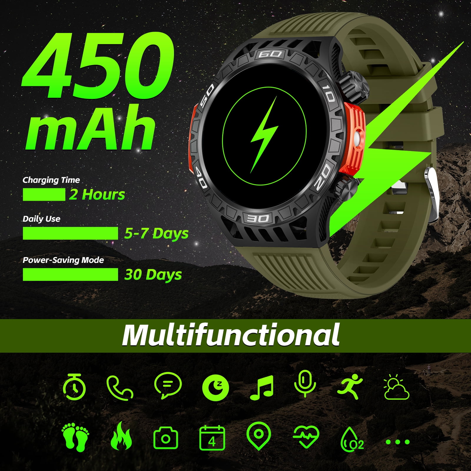 XAXRE HT22 Smart Watch for Men with LED Flashlight (Answer/Dial Calls), Compass, 100+ Sports Modes, Rugged Smartwatch Compatible with iOS Android, 1pc