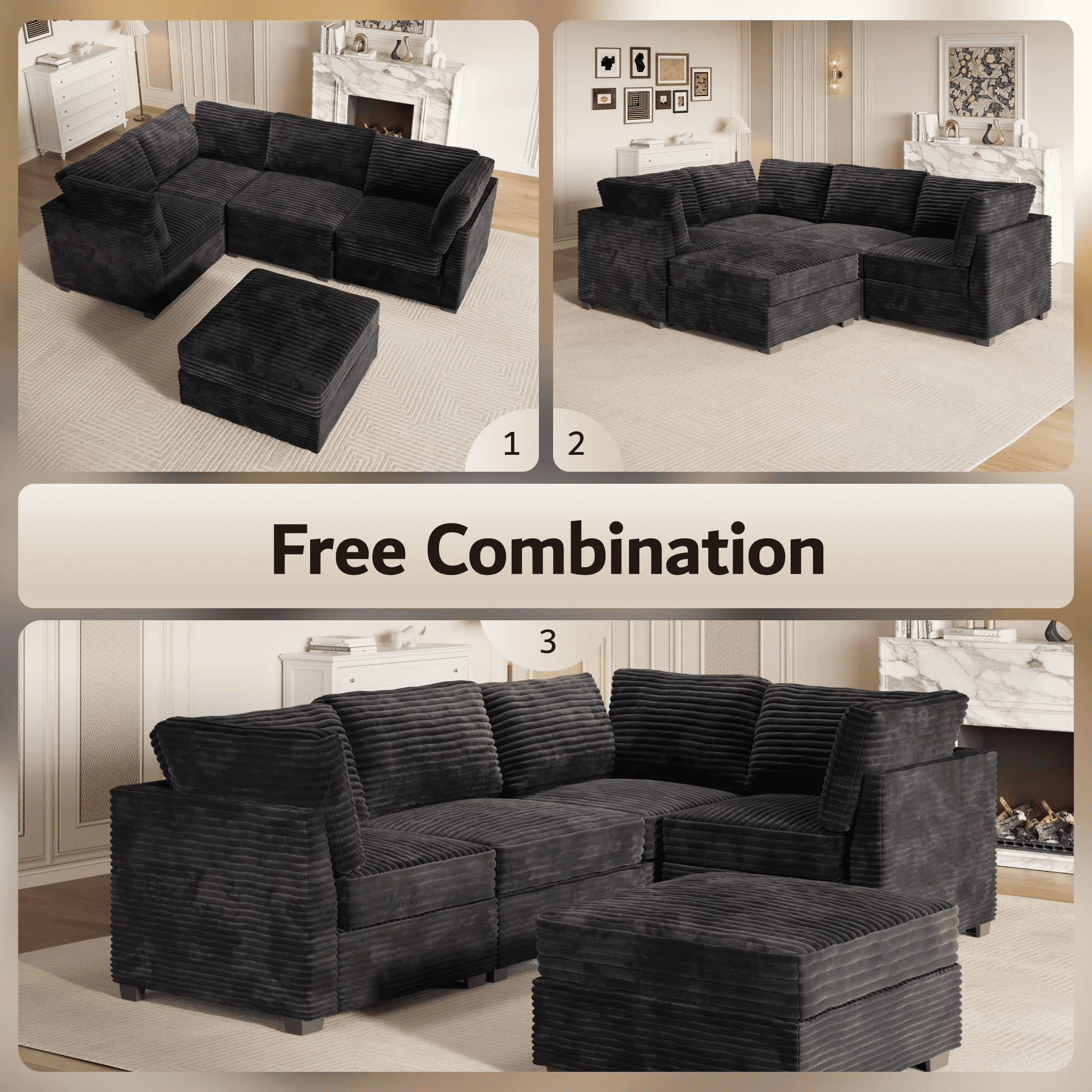 Vcatnet 98" Modular Sectional Sofa Couch Corduroy L Shaped Oversized Modern Minimalist Cloud Couch with Deep Seat and Ottoman for Living Room, 4 Seat, Black