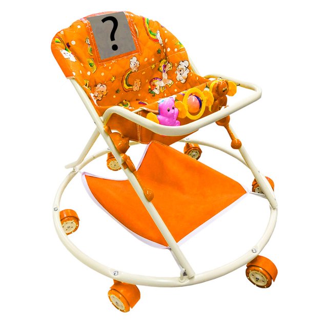 andadera metalica hecho en mexico tubular anaranjado con juguetero, vista 3/4 frontal; andadera infantil de tubos metálicos color anaranjado con asiento acolchado estampado, bandeja con sonaja y figura, armazón tubular crema y base circular con ruedas, para bebés 6 a 14 meses, soporte 5–12 kg; modelo sujeto a disponibilidad.