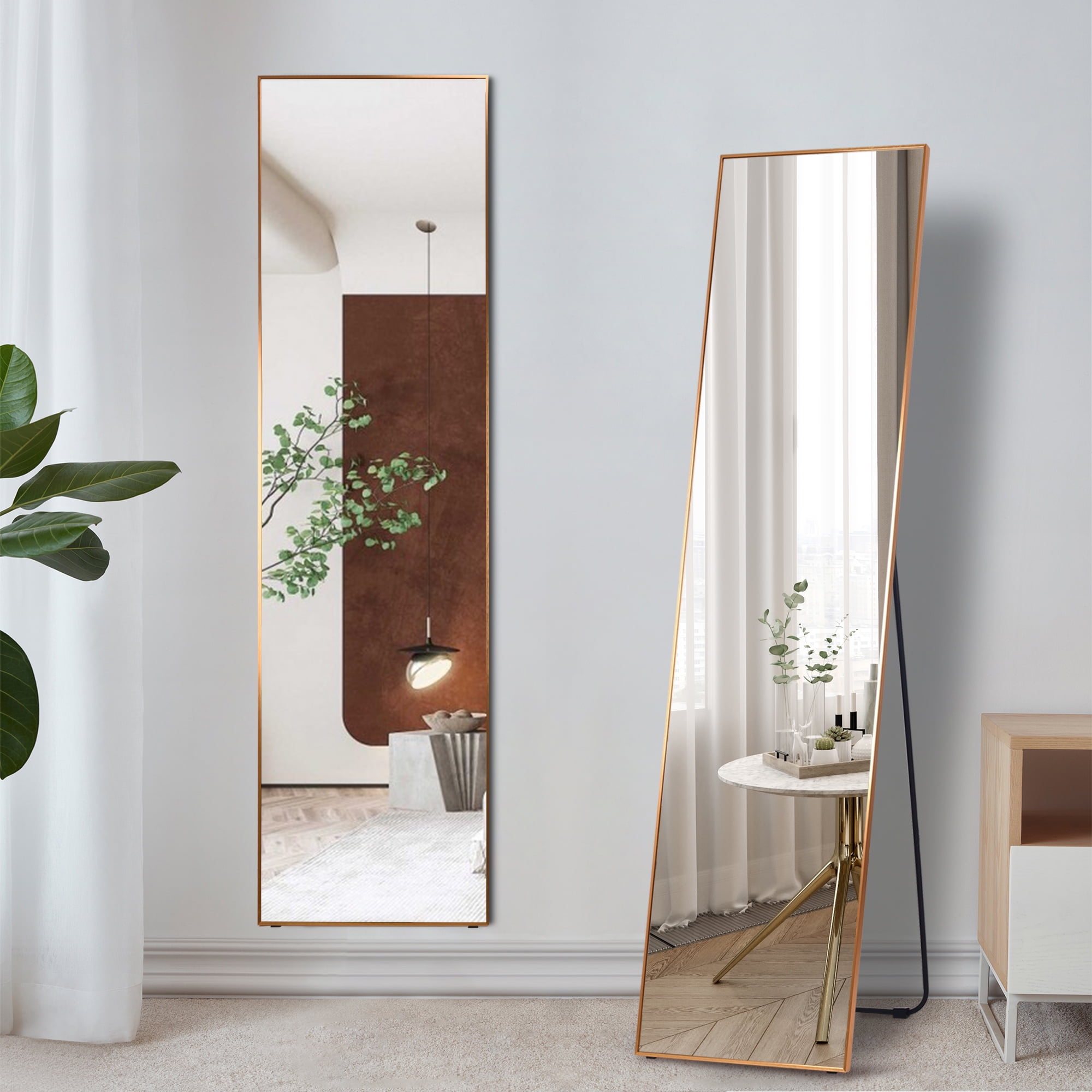 Leafmirror Full Length Mirror Dressing Floor Mirror Hanging Free Standing Metal Frame Full Body Mirror Leaning with Stand Gold