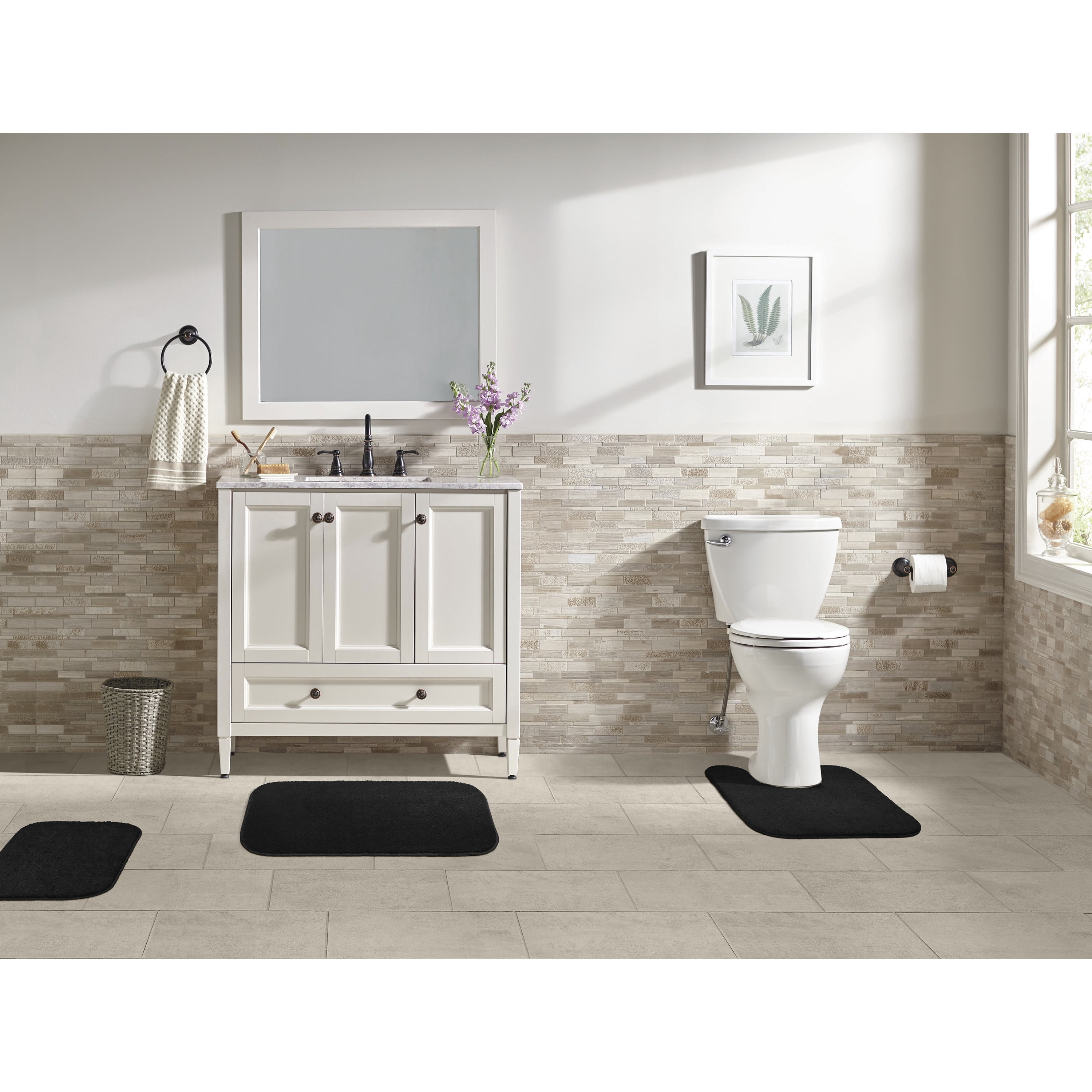 Garland Rug Sedona Washable Bath Rug Set, 3 Piece Set (2 Bath Rugs, & Contour Rug) Black