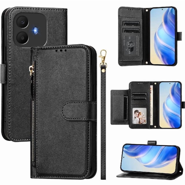 FOXDOCK Funda Tipo Cartera para Realme 16 Pro Plus Cuero PU con Cremallera y Correa de Muñeca, Ranuras para Tarjetas, Soporte Plegable, Cierre Magnético