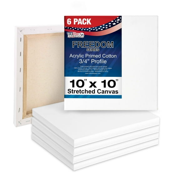U.S. Art Supply 10 x 10 inch Stretched Canvas 12-Ounce Triple Primed, 6-Pack - Professional Artist Quality White Blank 3/4" Profile, 100% Cotton, Heavy-Weight Gesso - Acrylic Pouring, Oil Painting