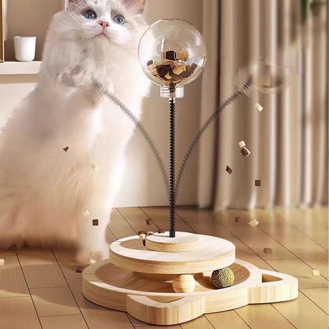 Fiudx Juguete de Madera para Gatos, Bola de Hierba Gatera Giratoria con Resorte, Rompecabezas Interactivo Antifugas, Aroma a Madera Natural, Premios para Jugar, Diversión para Gatos, Diseño Seguro y