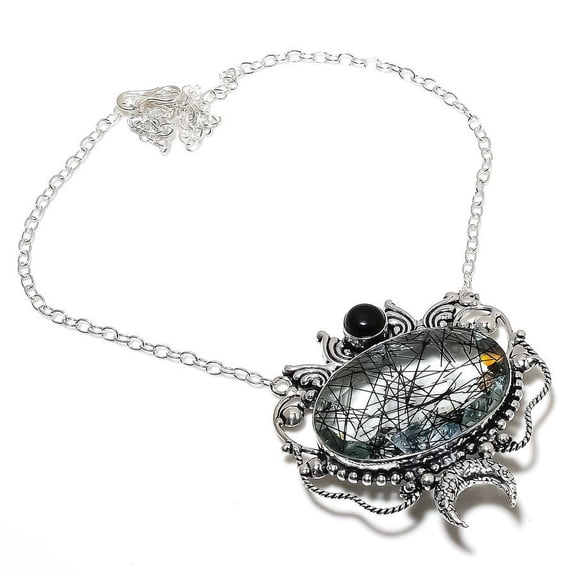Natural Black Rutile, Onyx Gemstone 925 Sterling Silver Necklace 18"