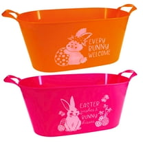 (2) Easter Printed Basket Set with Handles, 15.82x6.57 in. Plastic Spring-Themed Buckets Party Favors Treats Egg Hunts Container Holiday Baskets Decorative Box Gift Home Organizer Color May Vary