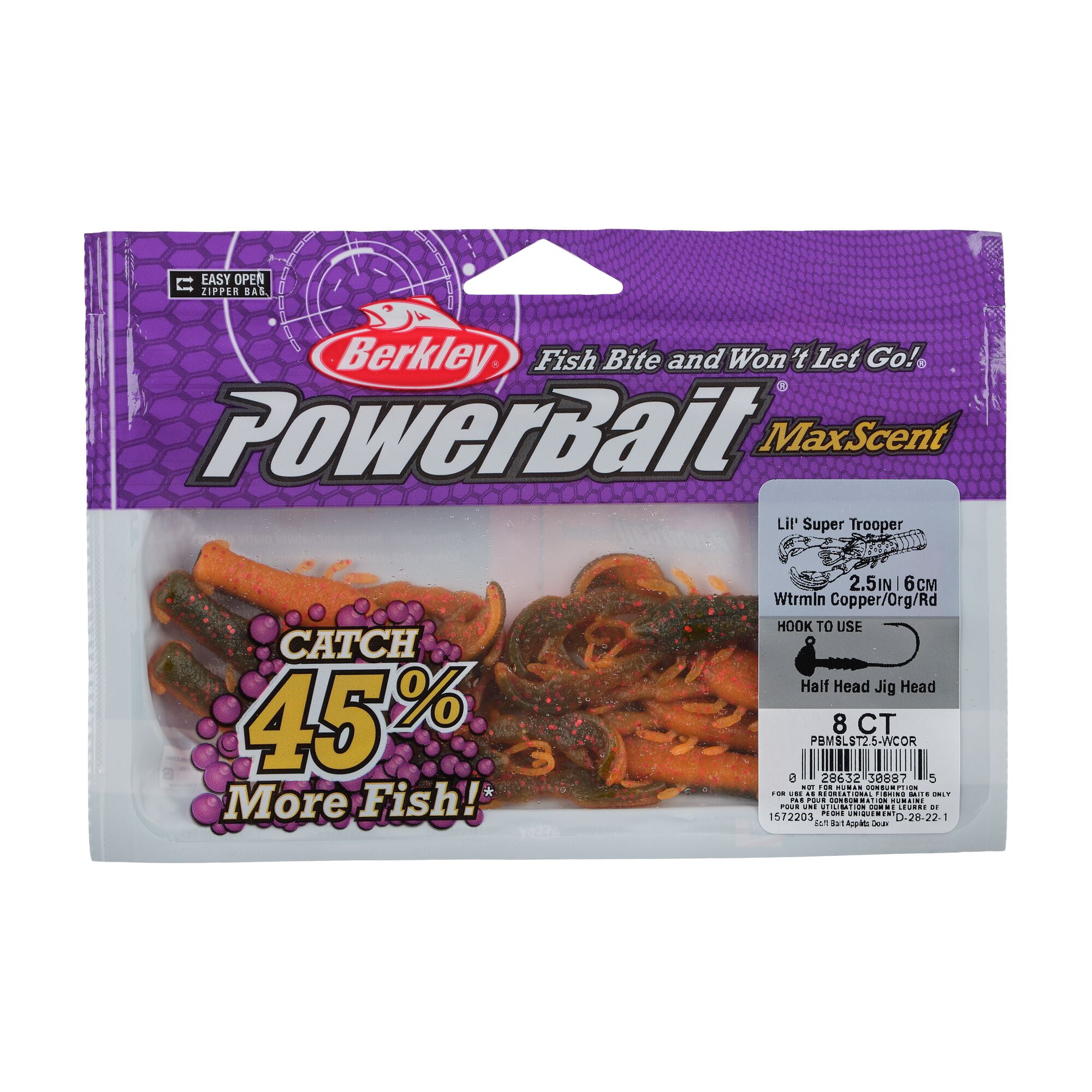 Berkley PowerBait® MaxScent Lil' Super Trooper, 2.5 in, Craws, Watermelon Copper/Orange w/Red (8 Count)