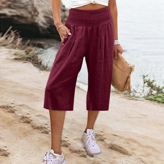 Jzuxvd 2024 Capri Pants For Women Long Shorts Below The Knee Casual Summer Solid Elastic Waist Beach Pants Cotton Linen Loose FitWineM