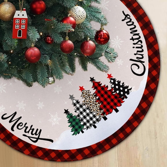 Christmas Tree Skirt Black Red Buffalo Plaid Xmas Tree Christmas Decor for Merry Christmas Party Decorations Indoor Snowflakes and Pine Tree Print Holiday Home Decor 48 Inch