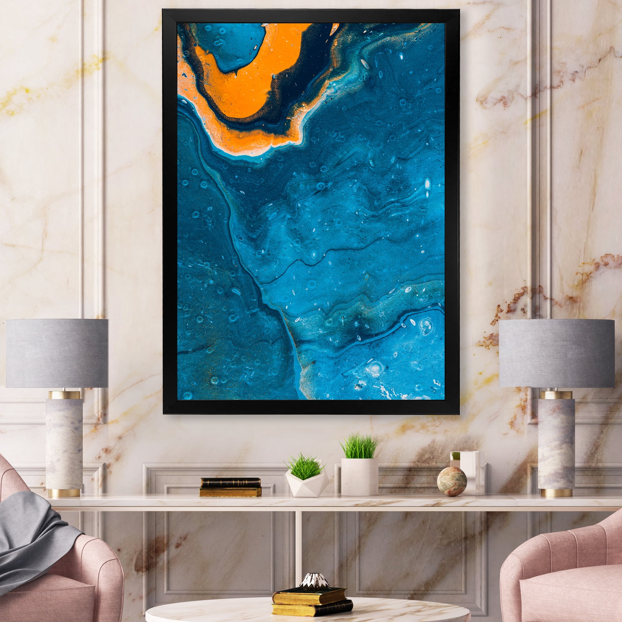 Designart 'Abstract Marble Composition In Orange and Blue III' Modern Framed Art Print