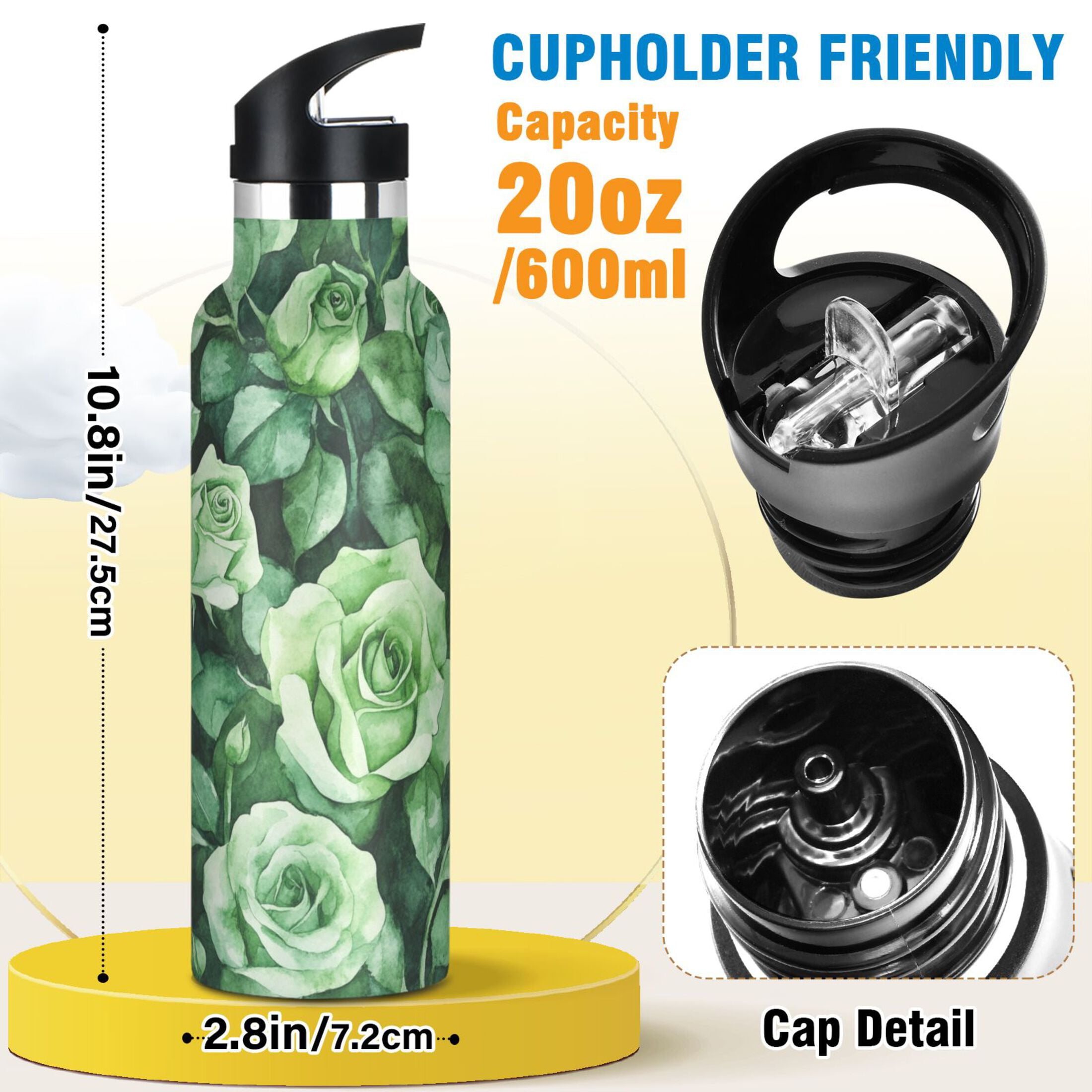 600ML Stainless Steel Insulated Cup Sports Water Bottle Portable Thermos Cup Water Glasses Insulated Tumblers Convenient and Durable Green Roses Seamless