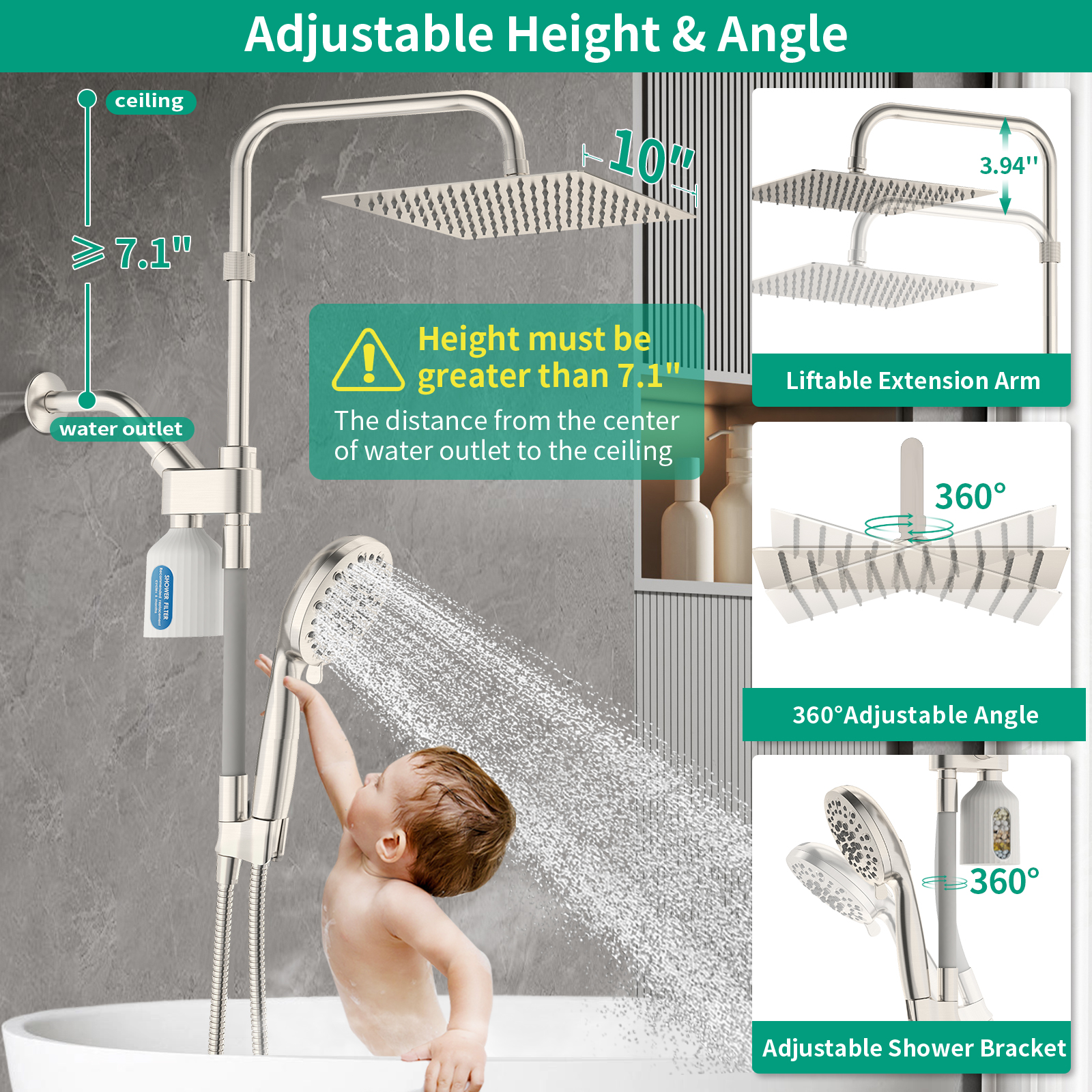 KAIYING 10" Filtered Rain Shower Head Combo, High Pressure Dual Shower Heads with Handheld Spray, Filter System, Extra Long Hose & Adjustable Extension Arm (Brushed Nickel)