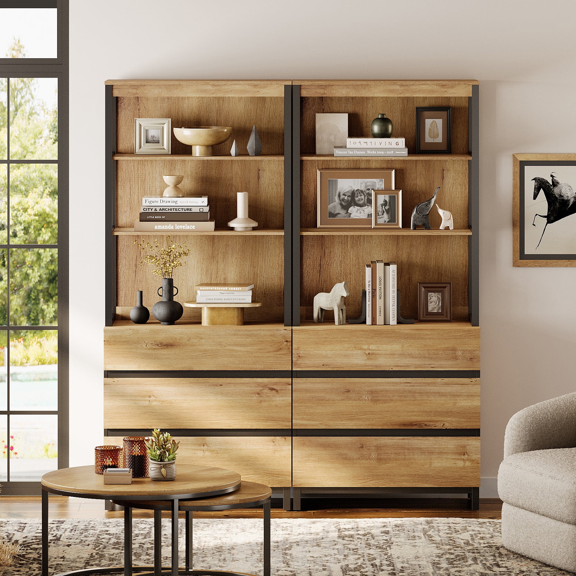 WAMPAT 2 PCS Modern 72" Tall Bookcase with 6 Drawers and Open Book Shelfs, Library Book Shelf with Storage Cabinet and Metal Base, Wood Freestanding Bookshelves for Home Office, Living Room, Oak