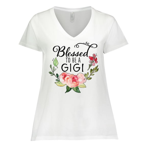 Inktastic Blessed to Be a Gigi with Pink Flowers Women's Plus Size V-Neck T-Shirt
