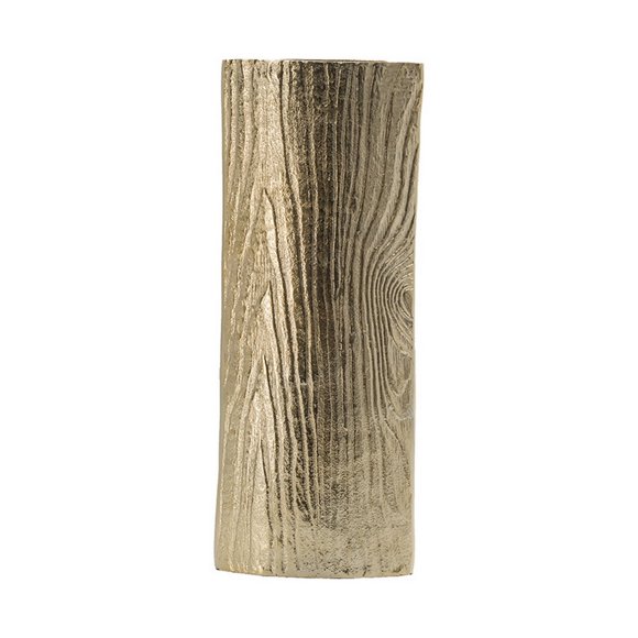 15 Inch Modern Vase, Naturalistic Tree Trunk Texture, Shiny Gold Finish