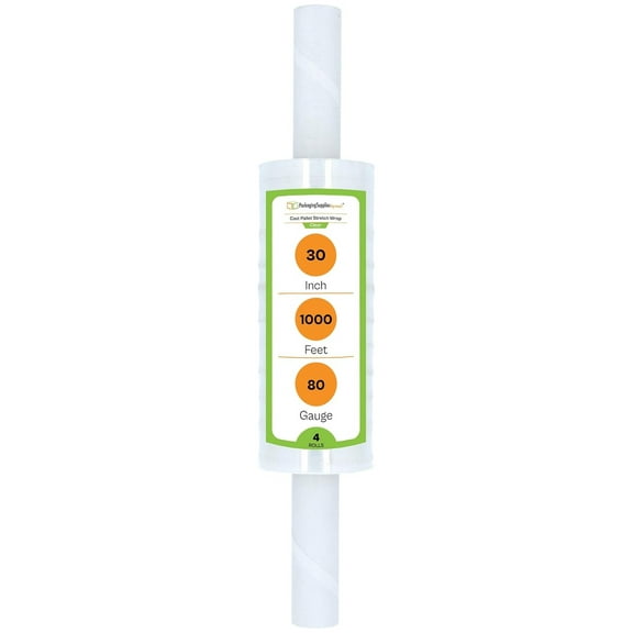 PSBM Stretch Wrap with Extended Handles, 4 Pack, 30 Inch x 1000 Feet, 80 Gauge, Clear, Large Plastic Cling Film for Pallets Moving Storing