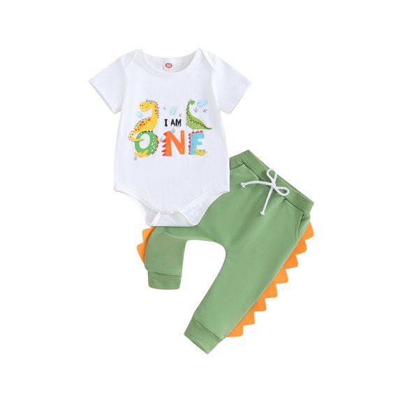 Gupgi Baby Boy One Year Birthday Outfits Short Sleeve Dinosaur Romper Green Drawstring Pants 2Pcs Set