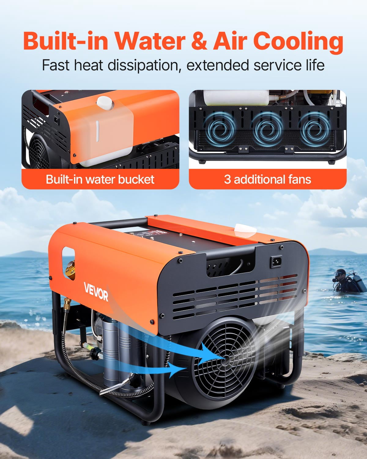 VEVOR PCP Air Compressor, 4500PSI/30Mpa Diving Scuba Tank Air Compressor, Double Cylinder Auto-Stop PCP Diving Compressor with Built-in Water & Fan Cooling System for Paintball,Air Rifle,Scuba Tanks