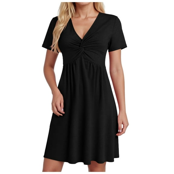 felwors Womens Casual Summer Twist Front V Neck Short Sleeve Mini Dress Black, L