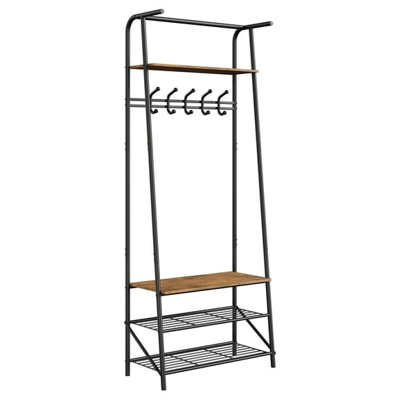 4-in-1 Hall Trees Entryway Bench with Coat Rack and Shoe Rack, Wood Look Accent Furniture with Steel Frame Storage Shelf and Hanging Bar