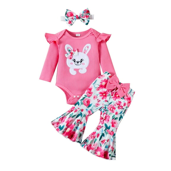 Tisuna 2 Pieces Outfit Set For Newborn Girls Rabbit Print Long Sleeve Romper Floral Print Flare Leg Pants Cute Comfortable Girls Spring Easter Clothing Set Size 9-12 Months