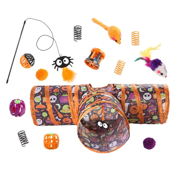Leeye Halloween Cat Tunnel with Toy Set Foldable, Collapsible Cat Tube with Feather Wand Balls Mice for Indoor Cats Kittens, Interactive Pet Play Kit