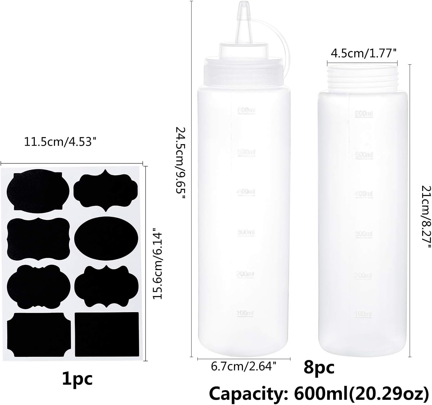 20oz Plastic Squeeze Bottles with Twist On Cap Lids Scale Empty Refillable Squirt Bottle for Crafts Art Glue Multi Purpose with Sticker Labels 8 Pack