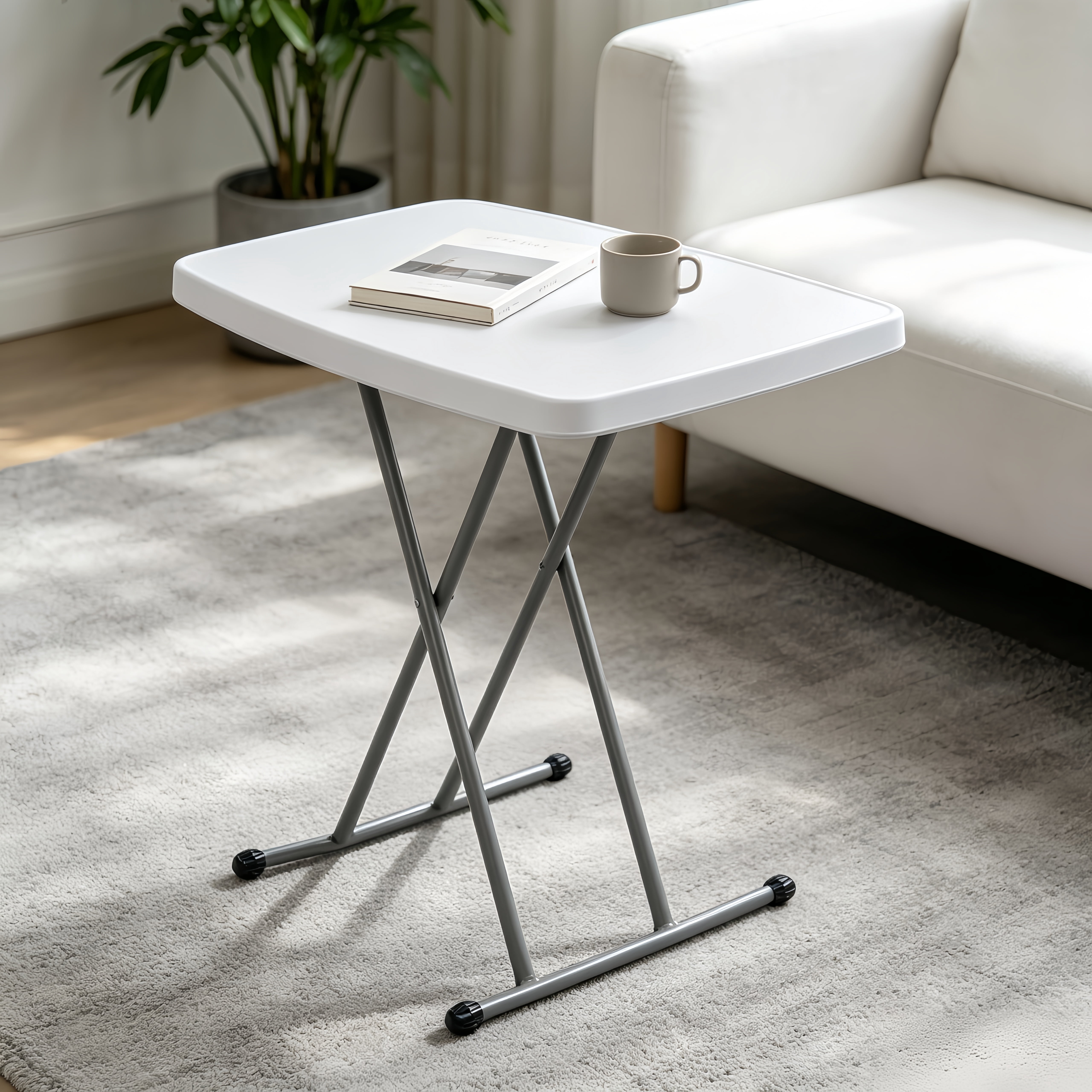Liftable HDPE Garden Plastic Table Sturdy Grey Steel Legs Weather Resistant Lightweight Space Saving Outdoor Patio Yard Adjustable Height Side Table