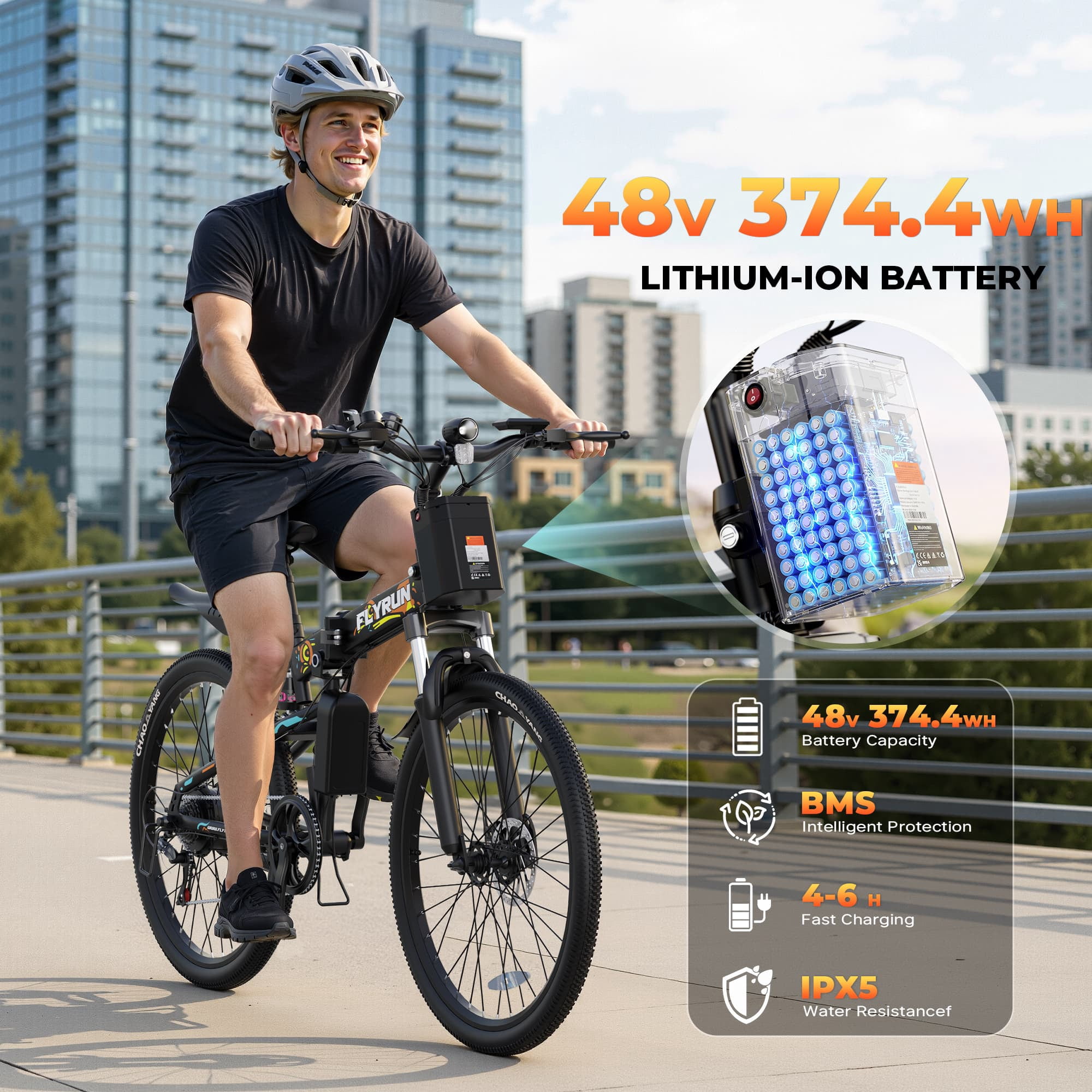FLYRUN 26" Electric Bike,7-Speed City Bicycle for Adults,Foldable Ebike with Peak 750W Motor,48V 374.4Wh Removable Battery,LCD Display,Full Suspension,Up to 20 MPH,UL2849