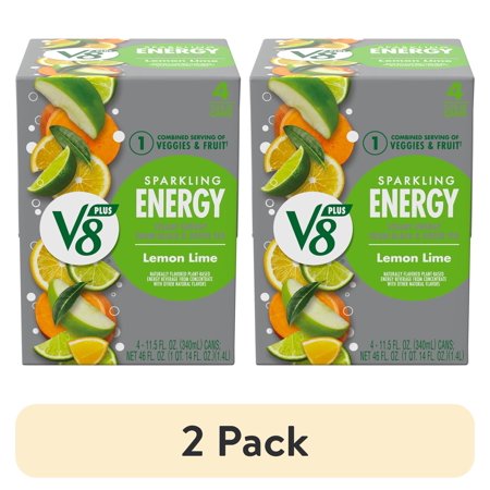 (2 pack) V8 +Energy Sparkling Lemon Lime Juice Energy Drink, 11.5 fl oz Can, 4 Count