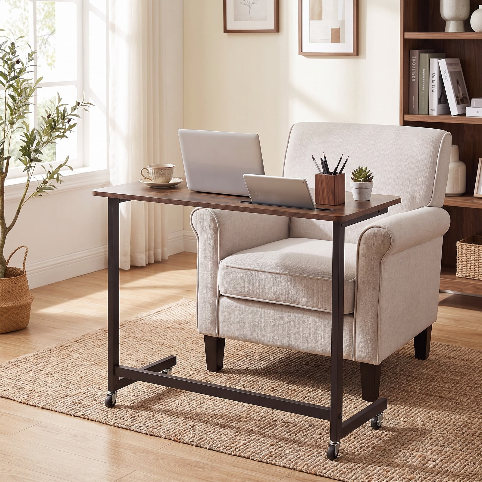 Furnibear Mobile Side Table and Rolling Laptop Desk Cart with Tablet Slot Locking Wheels and Metal Frame for Living Room and Bedroom, Rustic Brown