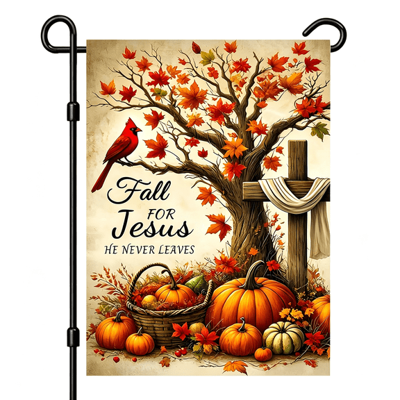 AUQ Fall for Jesus He Never Leaves Garden Flag 12 X 18" Double Sided Outside Decorations,Fall Harvest Pumpkin Cross Small Garden Flags for Outdoor Yard Lawn