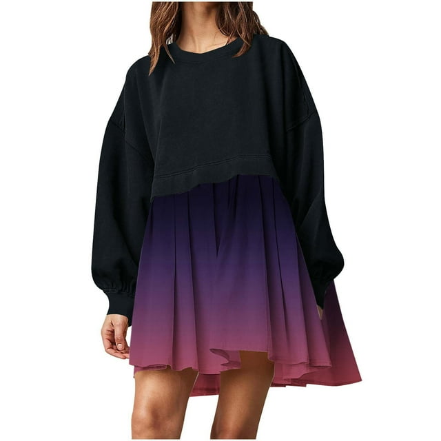 EQWLJWE Robe Chandail Surdimensionnée pour Femmes à Manches Longues, Col Rond, Chandail Patchwork à Enfiler, Couleur Dégradée, Chandail Ample, Mini Robe Décontractée, Robes de Retour à la Maison 2023