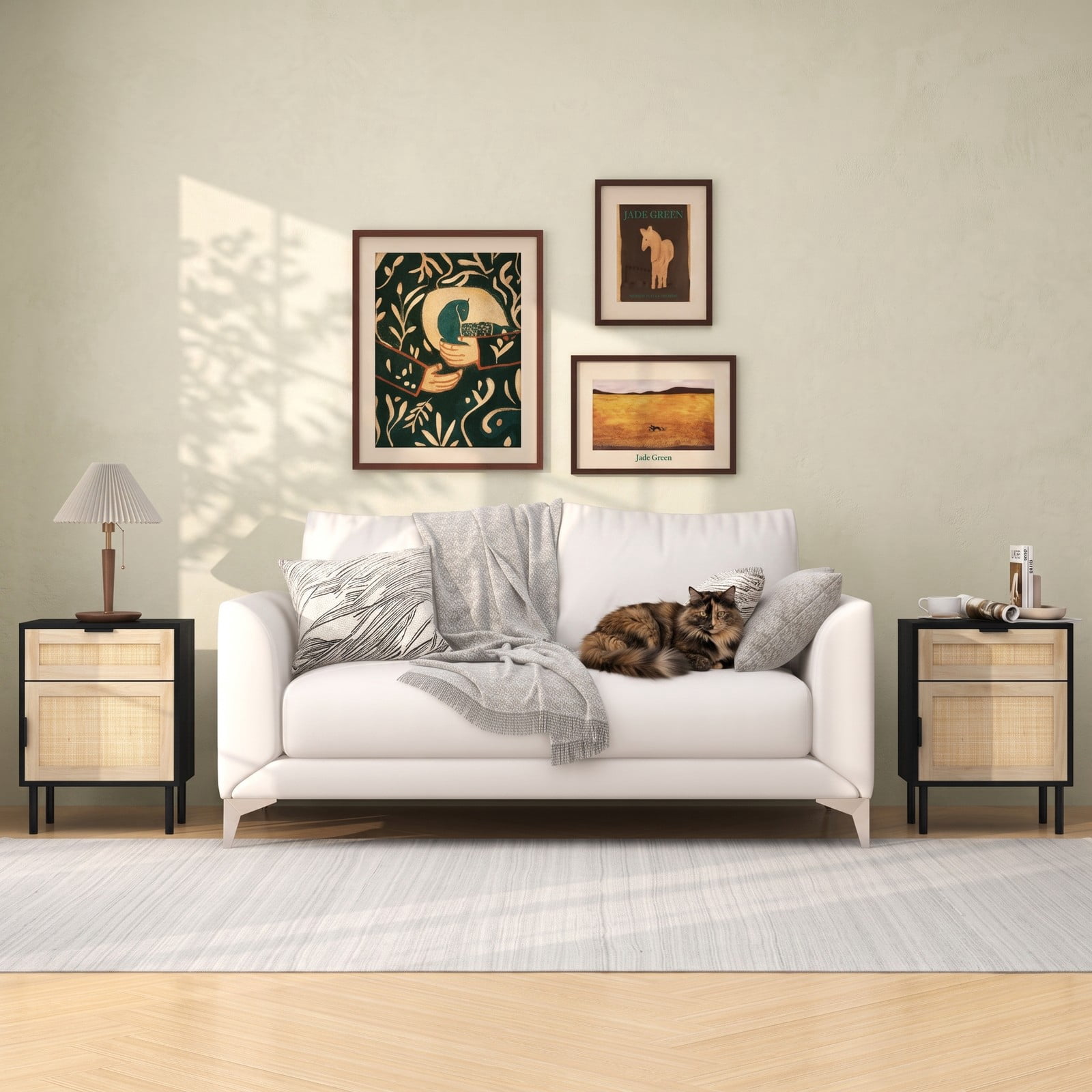 Furnibear Rattan Nightstand Set of 2 with Drawer and Cabinet for Bedside Storage in the Bedroom and Living Room, Black and Natural