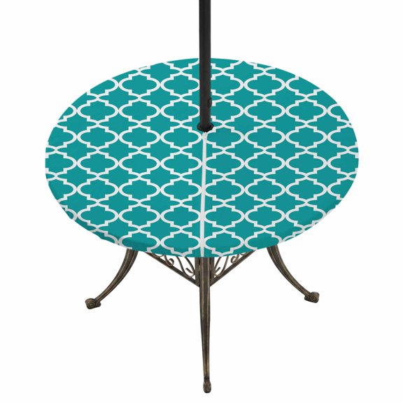 Round Outdoor Tablecloth with Umbrella Hole and Zipper, Teal Morocco Tablecloth with Elastic Waterproof, Ethnic Boho Minimalist Abstract Geometric Patio Table Covers for 45" - 54" Picnic Pool Tables