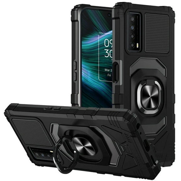 for TCL Stylus 5G Ring Phone Case Magnet Mount Ready Slip Guard Grids Pattern Kickstand Hybrid Slim Shock Bumper Cover with Tempered Glass