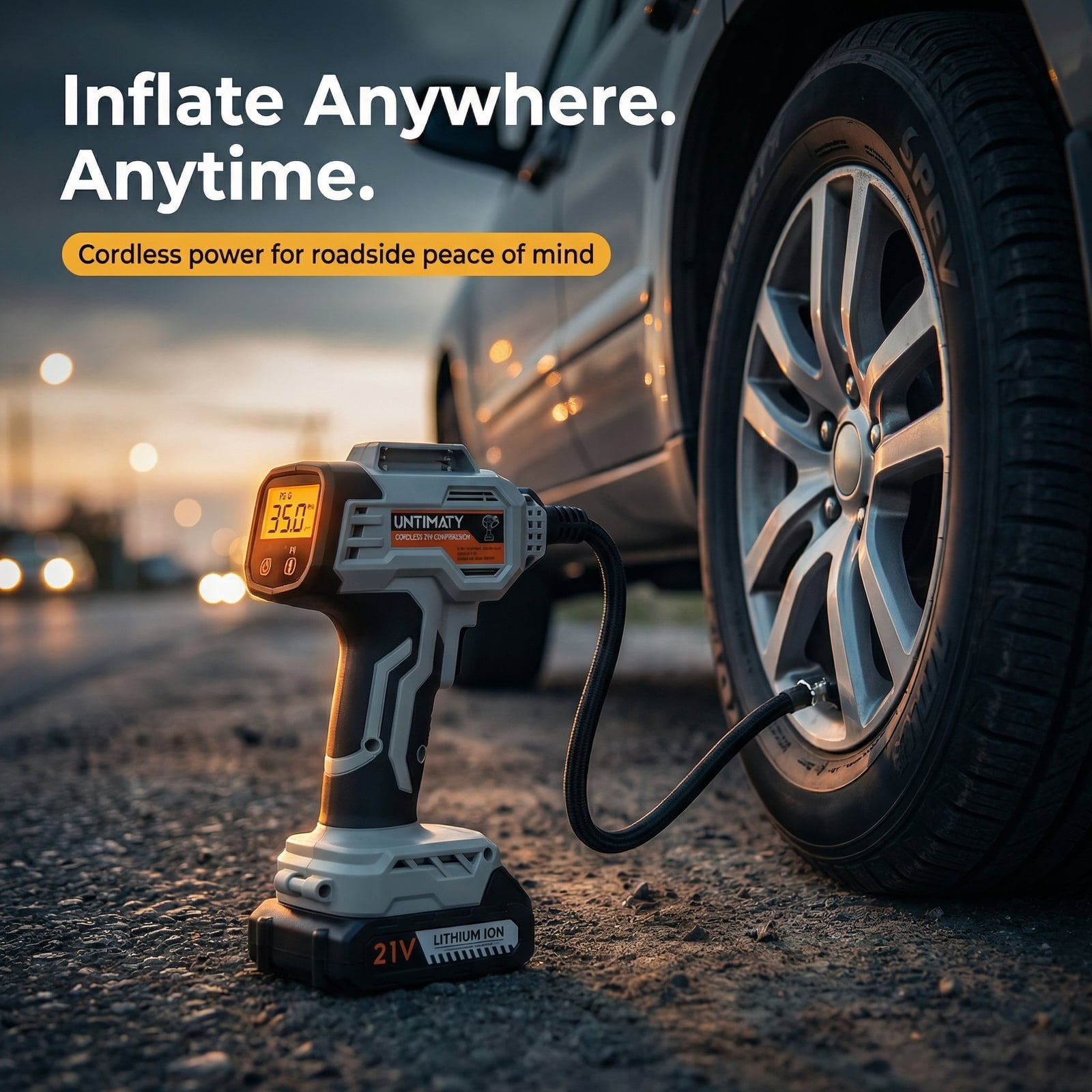 Cordless Tire Inflator, UNTIMATY Portable Air Compressor, 150PSI Handheld Air Pump with 21V Rechargeable Battery, Digital Pressure Gauge for Cars Motorcycles Gift, Gray