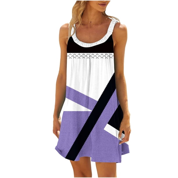 Vestido de Verano para las Mujeres Impreso sin Mangas Cuello Redondo, Suelto de Rodilla de Longitud Vestido Casual para la Primavera