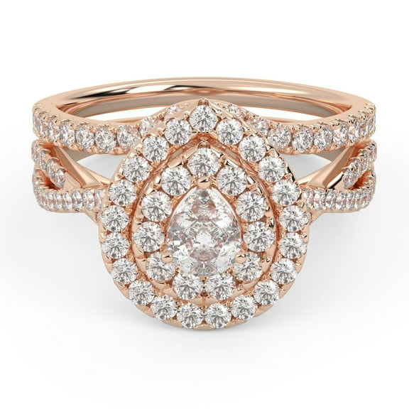 AFFY Split Shank Infinity Twisted Double Halo Engagement Wedding Bridal Set Ring for Women Center 5X4MM Pear and Round Lab Created Moissanite Rings In 10K Solid Rose Gold Size 10