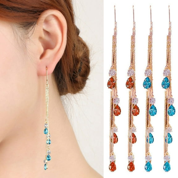 Eosunjian 1 Pair Women Drop Earrings Contrast Color Shiny High-end Tassel Faux Crystal Dangle Earrings Birthday Gift Red