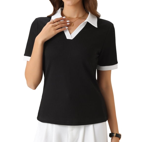 INSPIRE CHIC V Neck Collar Shirt for Women's Short Sleeve Summer Casual Blouse Top S Black