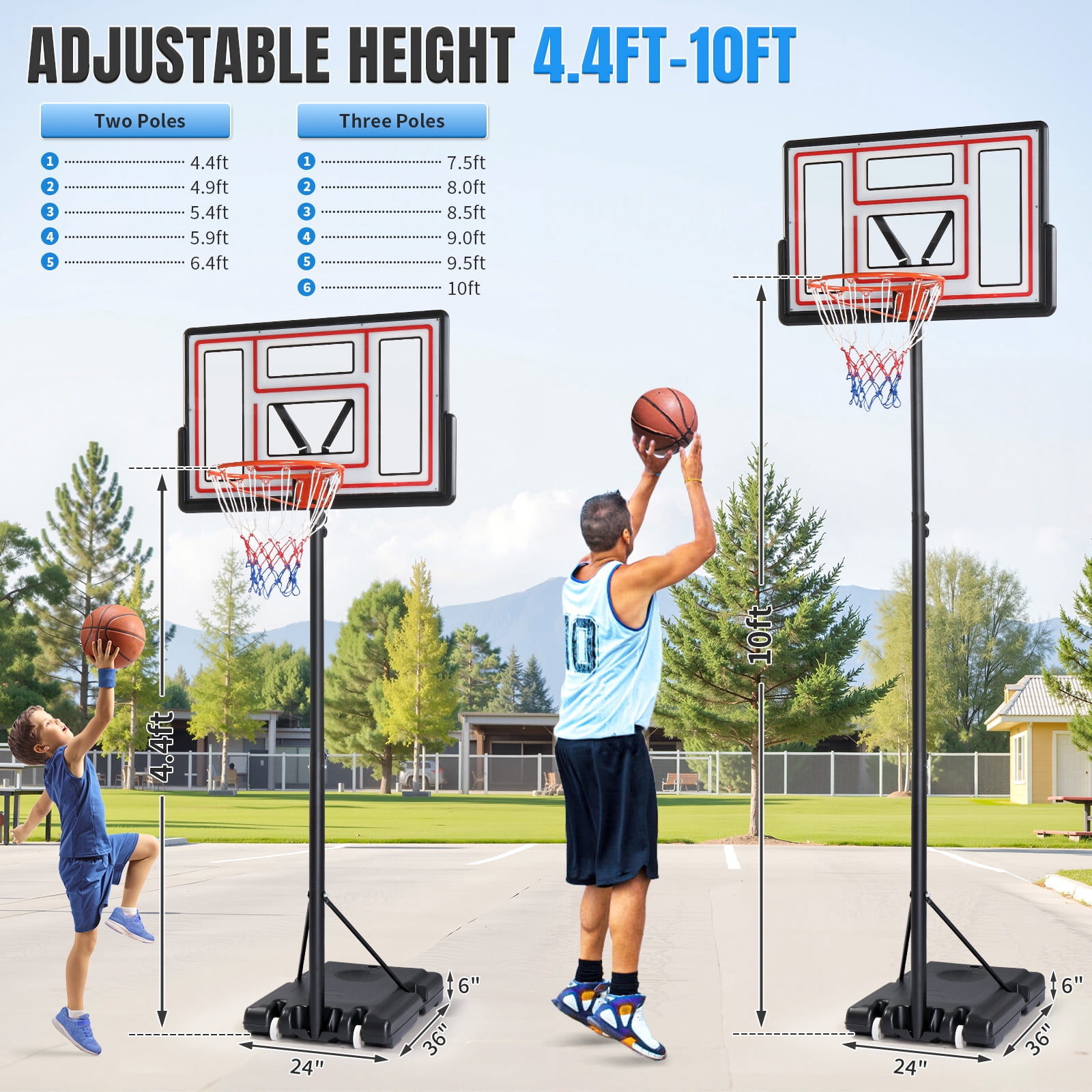 Ktaxon 44inch Portable Basketball Hoop Outdoor, Basketball Goal System 4.4-10ft Height Adjustable, Shatterproof Backboard, Red