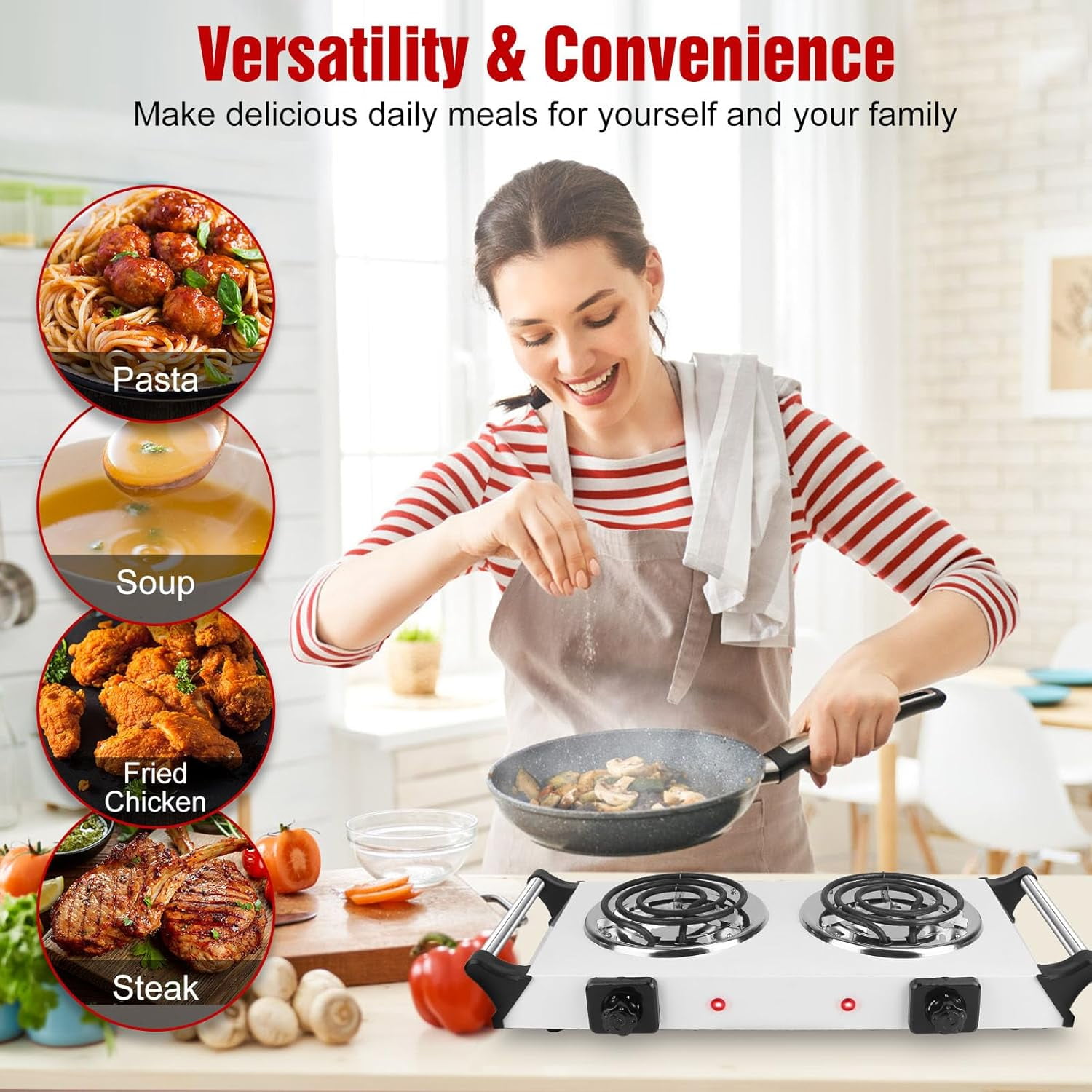 DICEEVIL Electric Double Burner, 2000W Portable Electric Stove Countertop Double Burner, Hot Plate with Handles & Adjustable Temperature, Cooktop for Cooking, Home, Camp, White