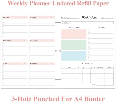 3-Hole Weekly Planner Refills - 53 Sheets/106 Pages Colorful Weekly Planner for 3 Ring Binders, 100 gsm White Paper, Lasts 1 Year, Undated, 8.5'' x 11''