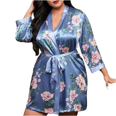 

Women Long Sleeve Floral Silk Robes Cover up Bridesmaids Short Satin Sleepwear Loose Belted Night Robe Plus Size